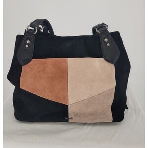 The Sak Black Suede Colorblock Patchwork Tote Shoulder Bag Leather Straps Boho